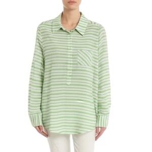 MERONA Blouse Green White Blue Striped XS Collared Coastal Resort Vacation
